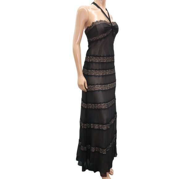 BCBGMaxAzria Black Silk & Lace Tiered Maxi Dress Gown w/ Nude Size 8 - Picture 9 of 10